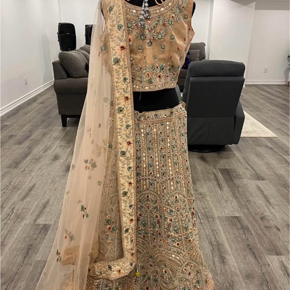Embroidered Beige Lehenga Choli Set - Picture 4 of 11
